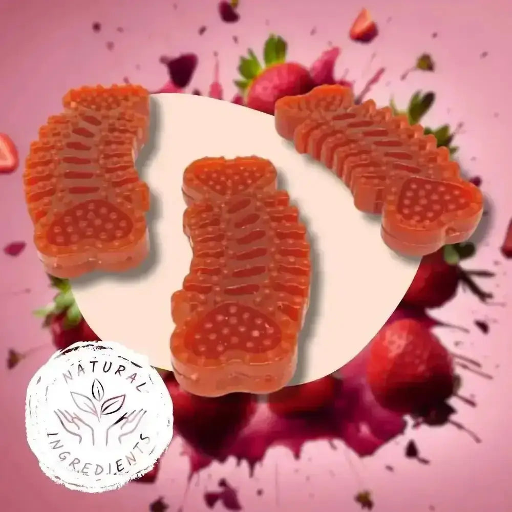 Strawberry-shaped gummy vegetable chew from Small Vegetable Chew Variety Box for Dogs