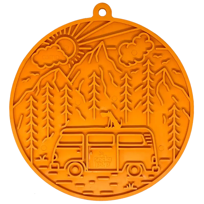 Sodapup Camp Design enrichment licking mat with orange vintage bus ornament