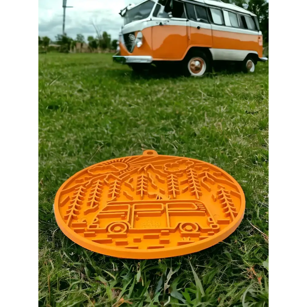 Sodapup Camp Design enrichment licking mat with orange van, palm trees pattern