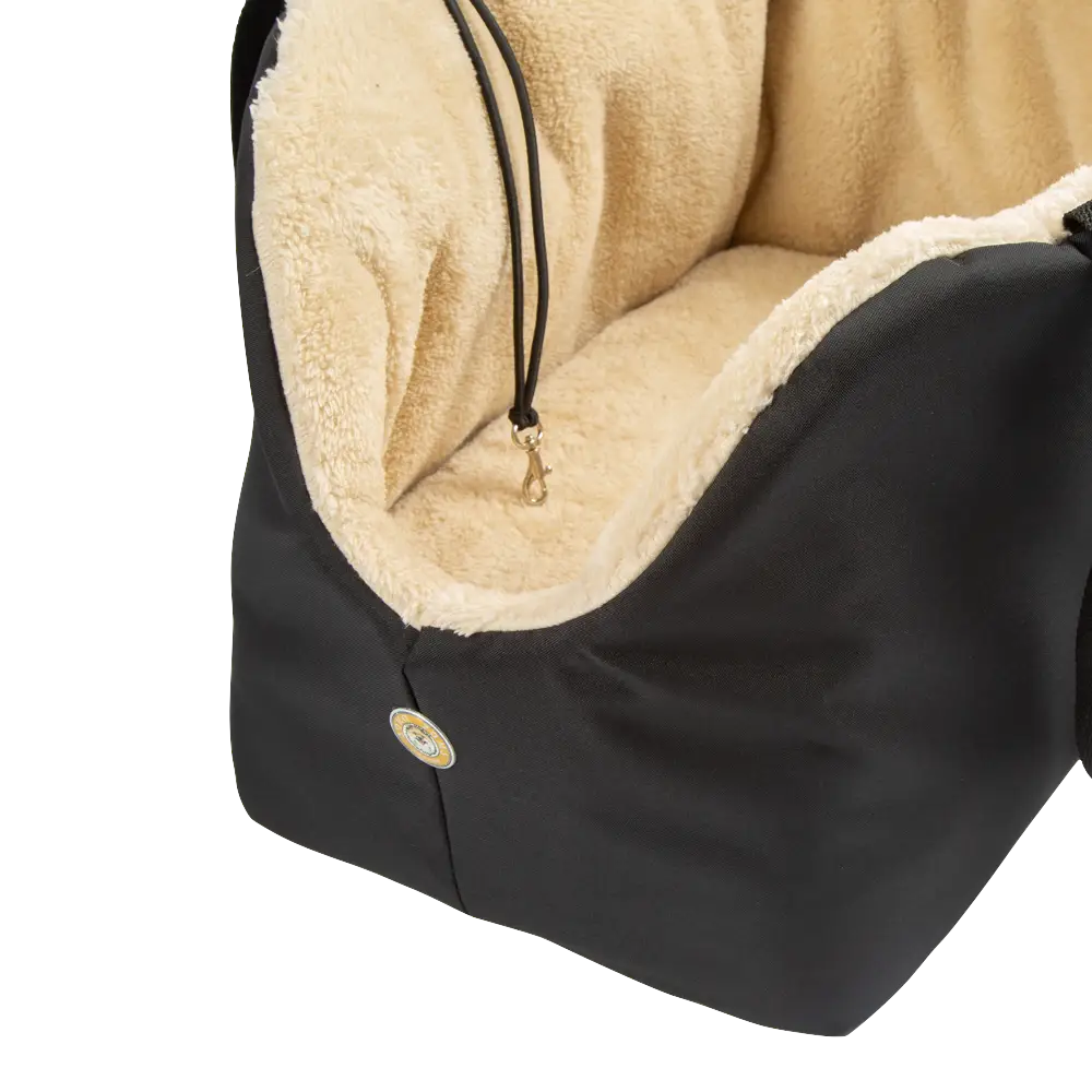 Black and beige Soho Poms luxury rainy bear dog bed with sherpa lining and button closure
