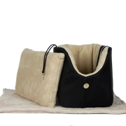 Cream and black plush Soho Poms Black beige luxury rainy bear dog carrier with gold button details