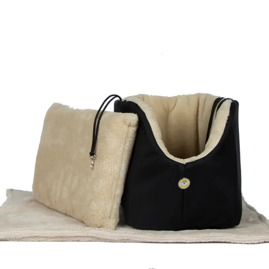 Cream and black plush Soho Poms Black beige luxury rainy bear dog carrier with gold button details