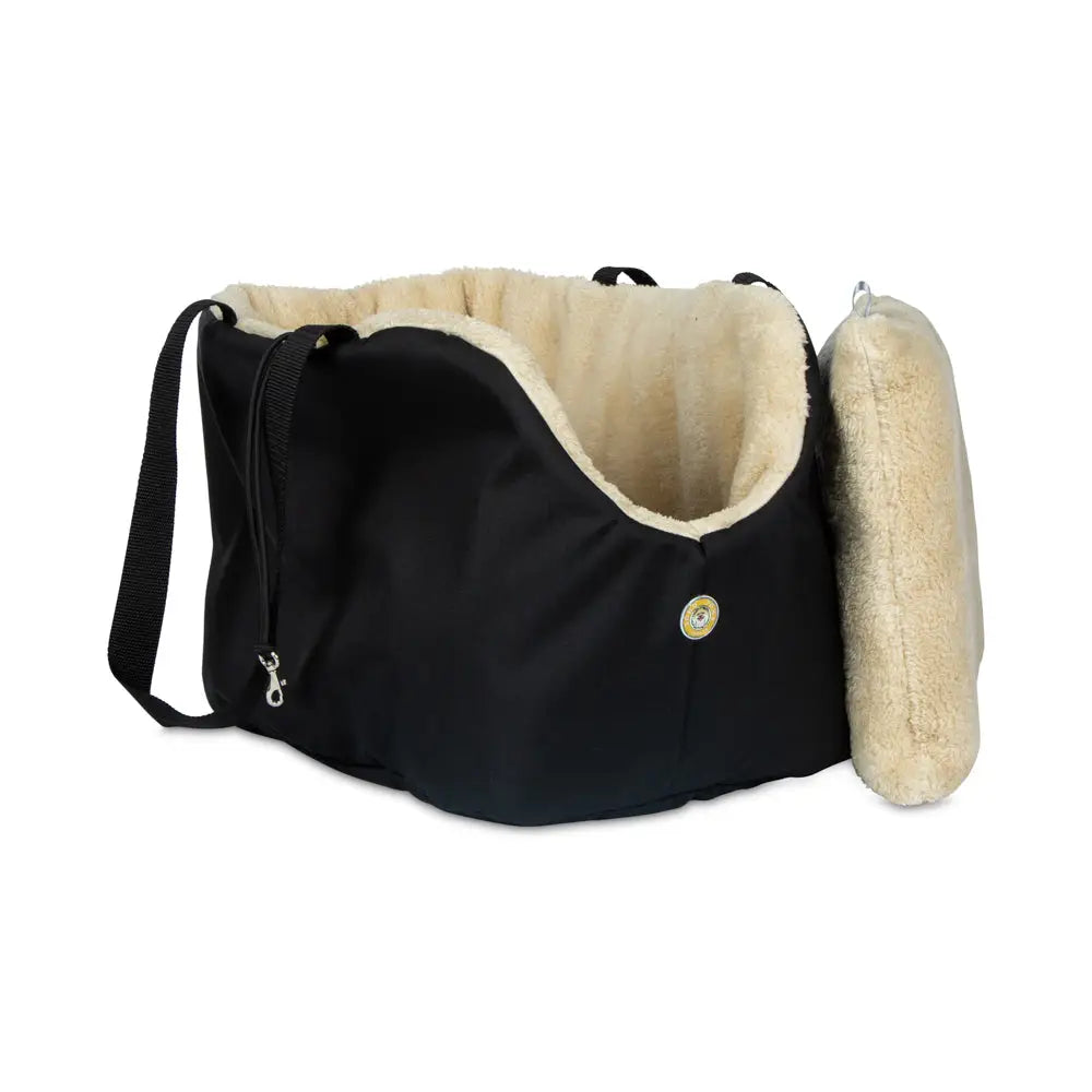 Black and beige Soho Poms luxury rainy bear dog carrier with plush lining and adjustable strap
