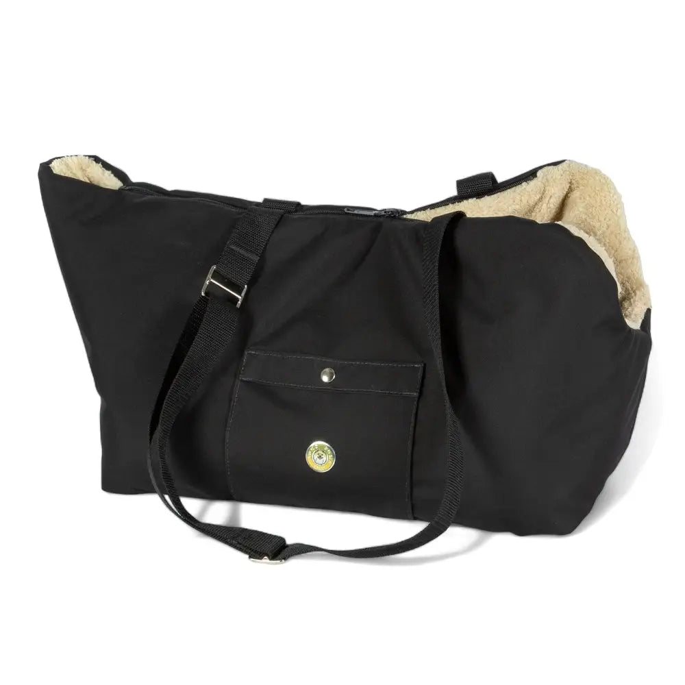 Black nylon Soho Poms dog carrier with sherpa lining and handle for luxury rainy bear style