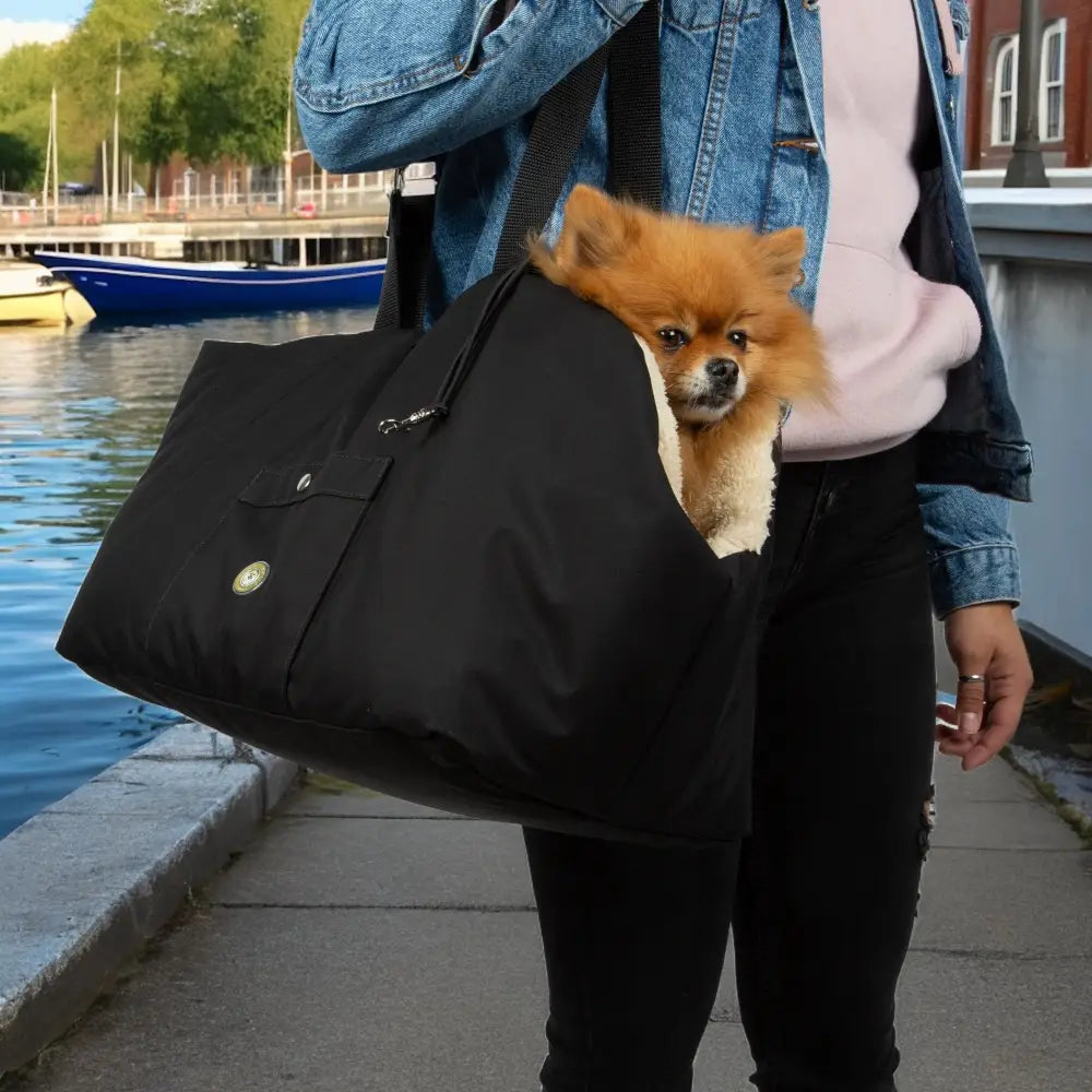 Black tote bag with dog carrier design in durable fabric from Soho Poms Black beige luxury rainy collection