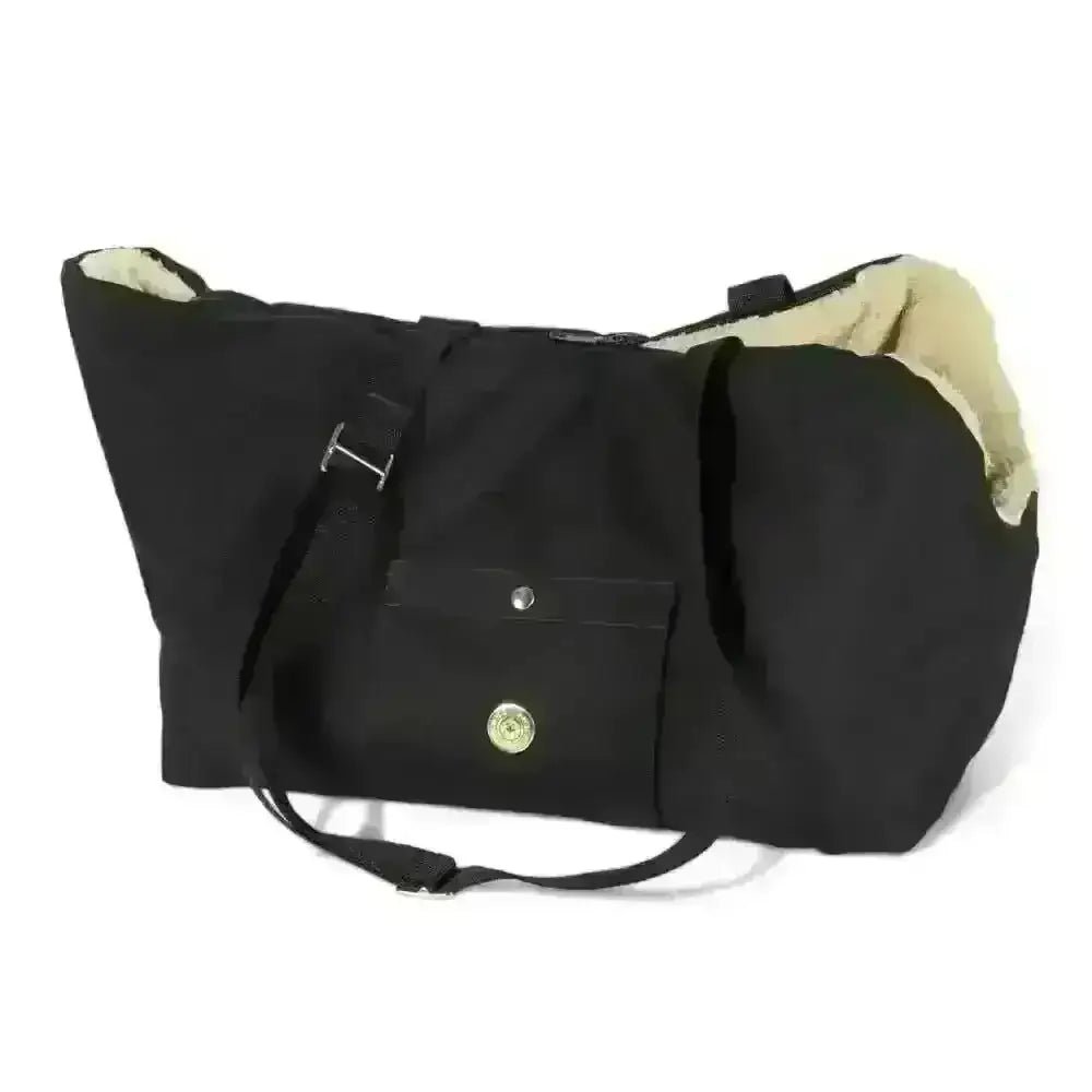 Black nylon Soho Poms dog carrier with sherpa lining and handle for luxury rainy bear style