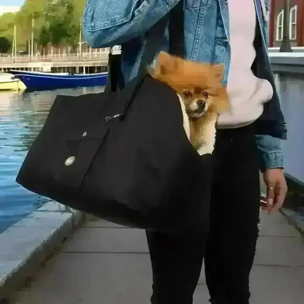 Black tote bag with dog carrier design in durable fabric from Soho Poms Black beige luxury rainy collection