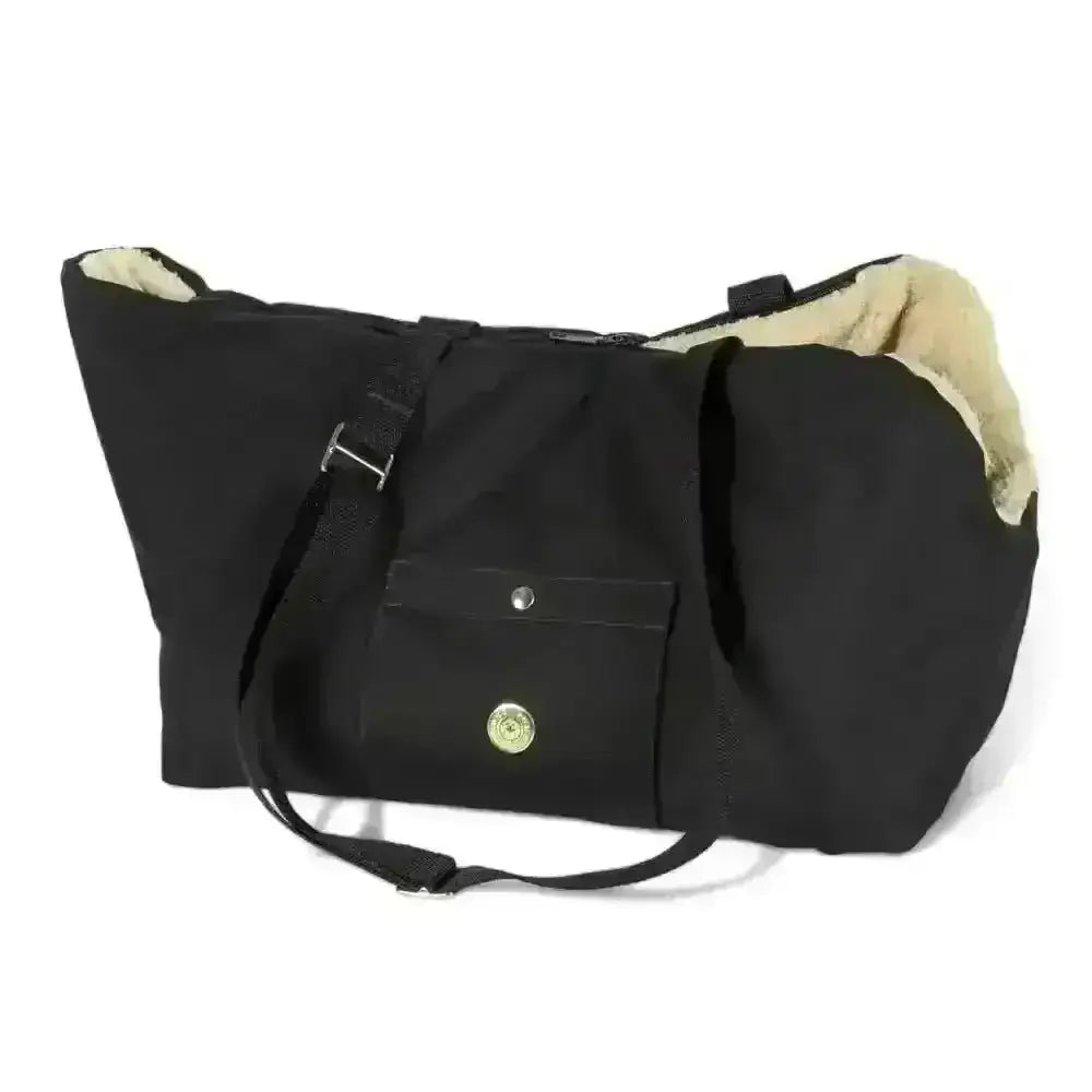 Black nylon Soho Poms dog carrier with sherpa lining and handle for luxury rainy bear style