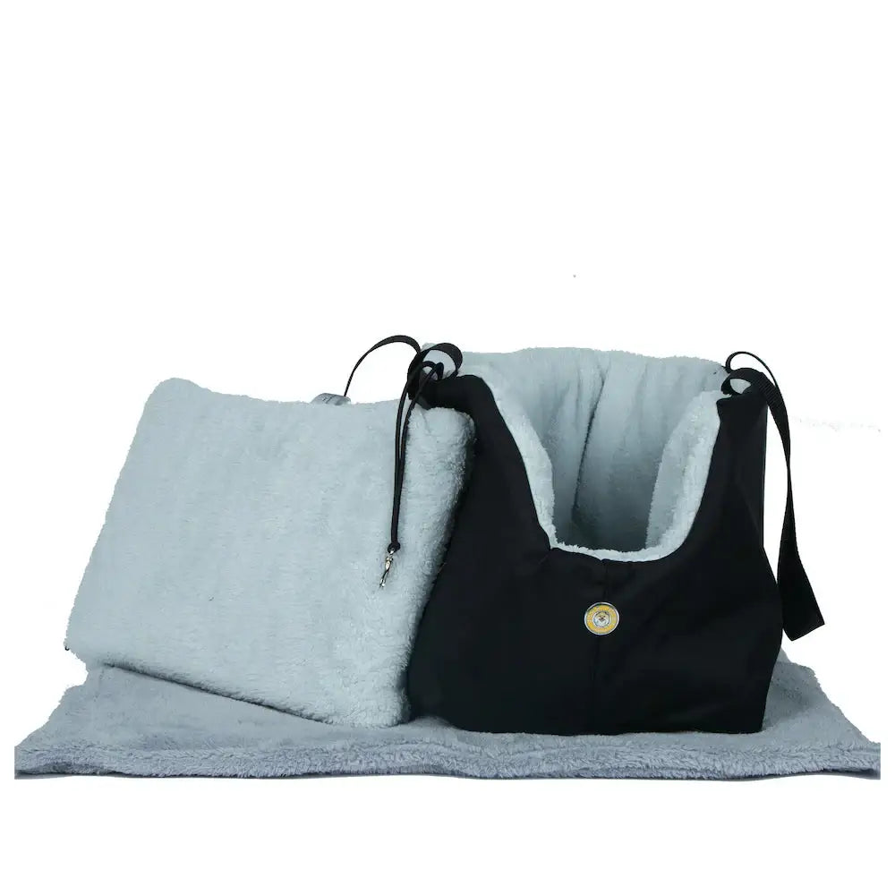 Black and gray plush pet bed with pillow for Soho Poms Black and Light Blue Luxury Rainy Bear Carrier