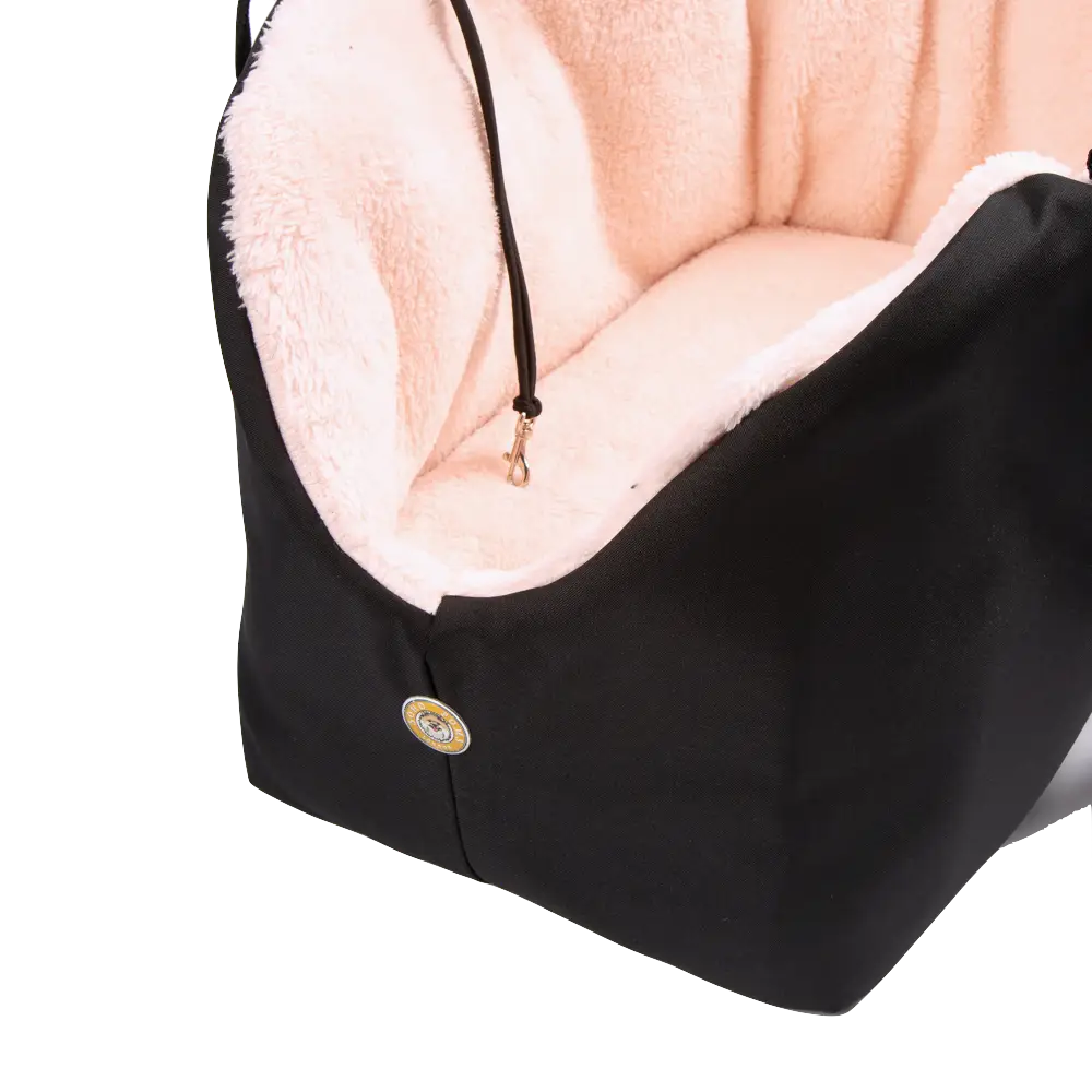 Soho Poms Black and Pink Luxury Rainy Bear Dog Carrier with fur lining and button closure