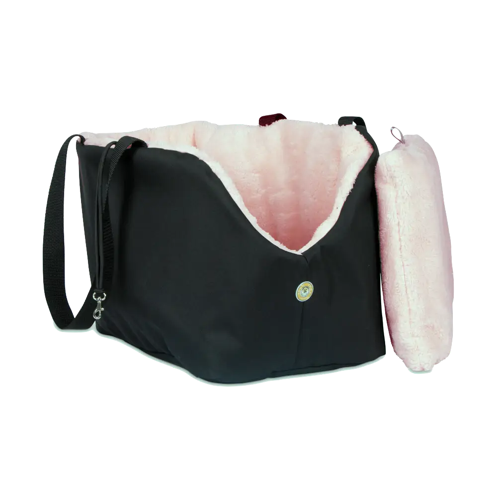 Black and pink Soho Poms luxury rainy bear dog carrier with button closure and leather-like material