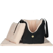 Black and cream crossbody bag with button closure and shearling lining from Soho Poms Black Pink Luxury Rainy Bear collection