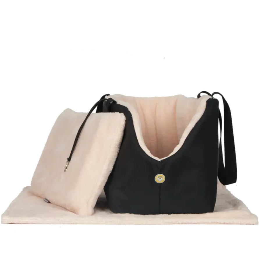 Black and cream crossbody bag with button closure and shearling lining from Soho Poms Black Pink Luxury Rainy Bear collection