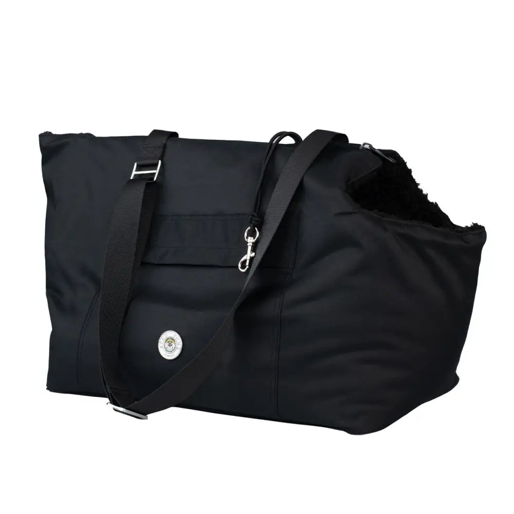 Black nylon Soho Poms pet carrier with silver hardware and adjustable strap