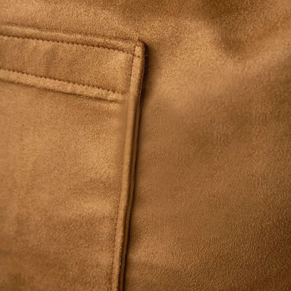 Tan suede pocket detail with stitching on Soho Poms Caramel Suede Camden Bear Dog Carrier