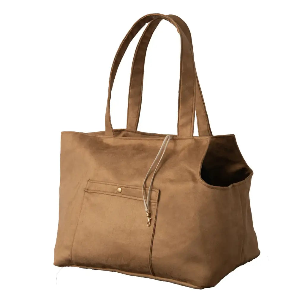 Tan tote bag with zipper pocket and handle made of durable caramel suede material
