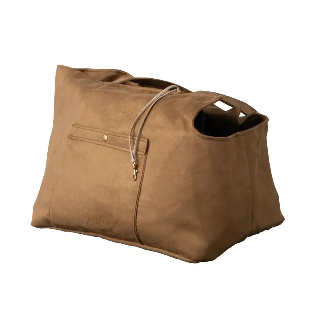 Brown leather Soho Poms Caramel Suede Camden Bear Dog Carrier with single handle and front pocket