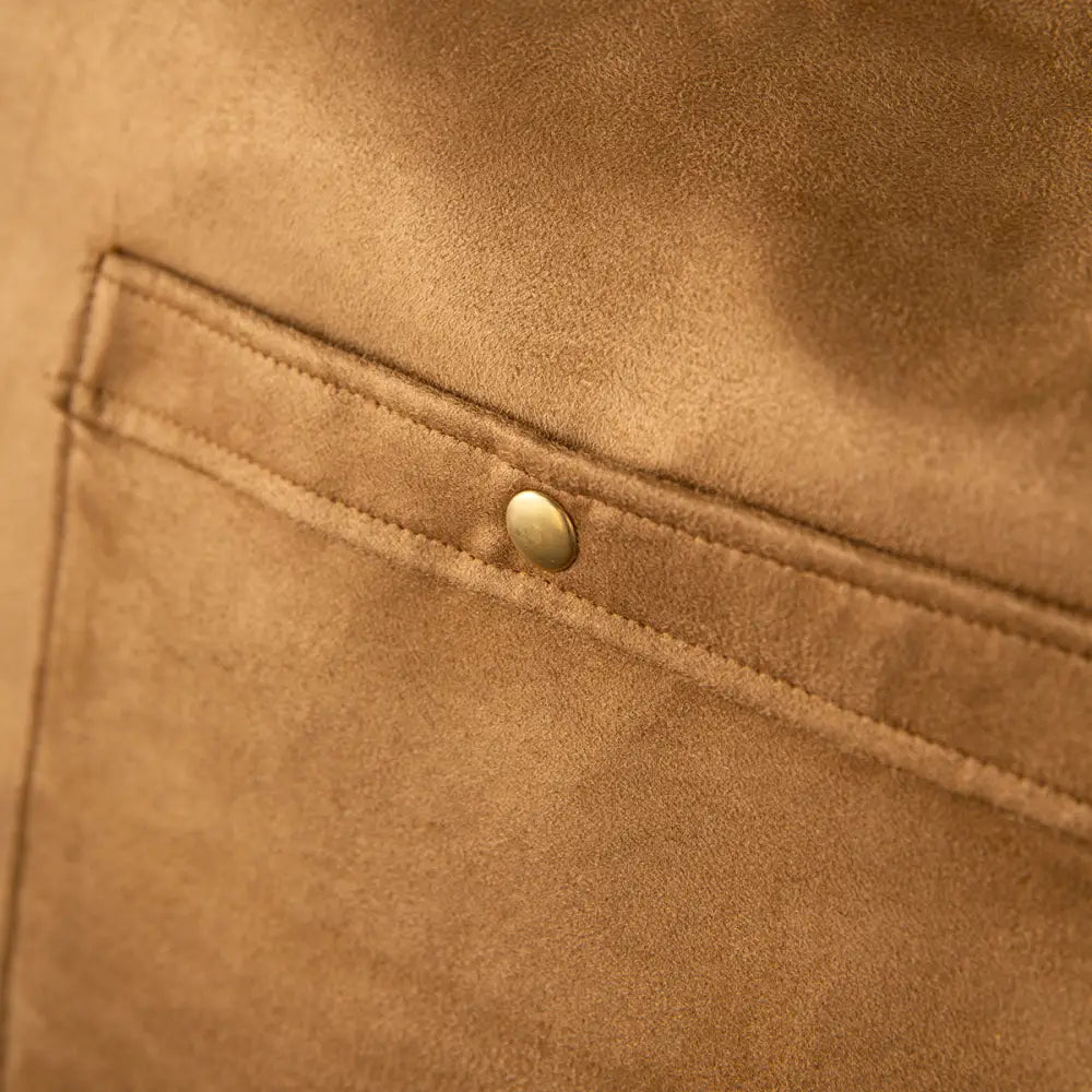 Caramel suede Soho Poms Camden Bear Dog Carrier with gold button detail