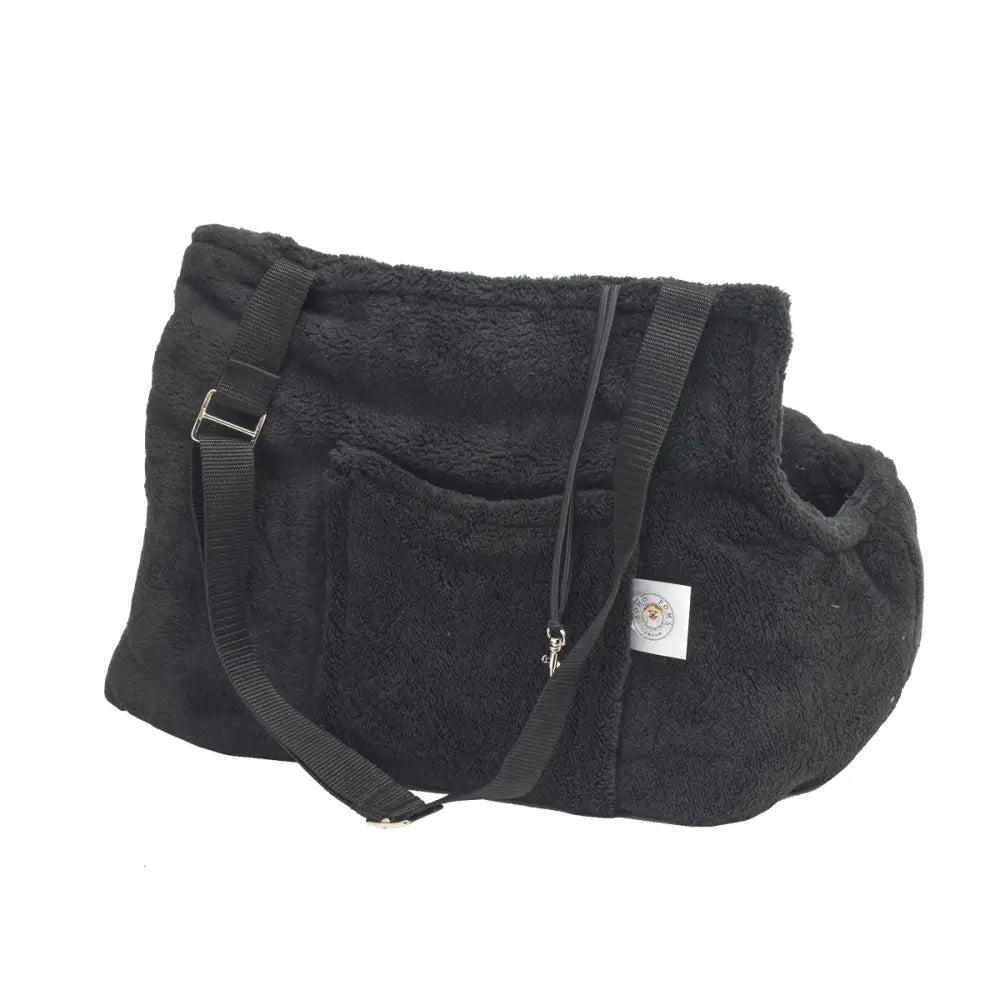 Black plush crossbody bear dog carrier with adjustable strap and front pocket for teddy bear dog