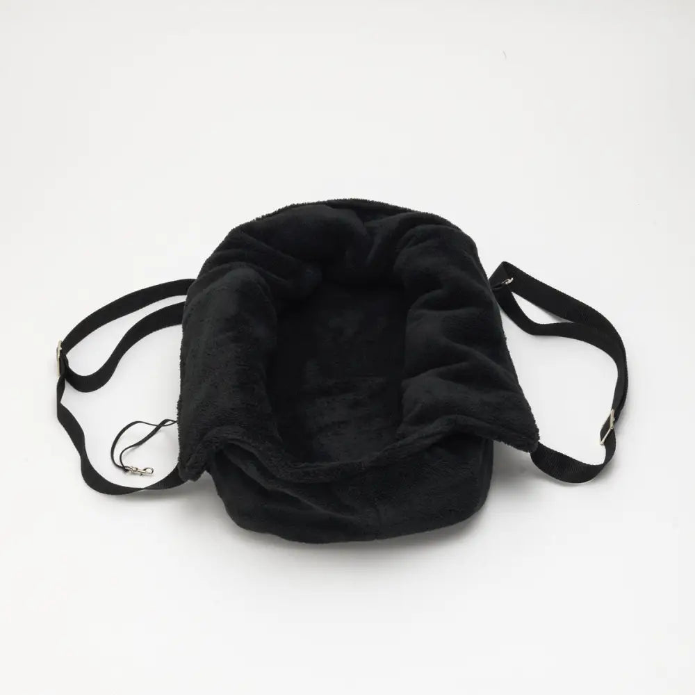 Black drawstring teddy bear dog carrier with adjustable strap and cord closure