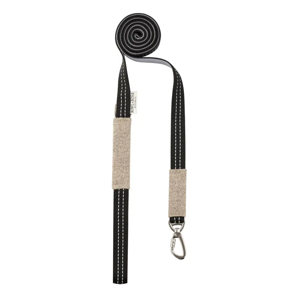 Beige and black Soho Poms dog lead with silver hardware from Bowl & Bone Republic