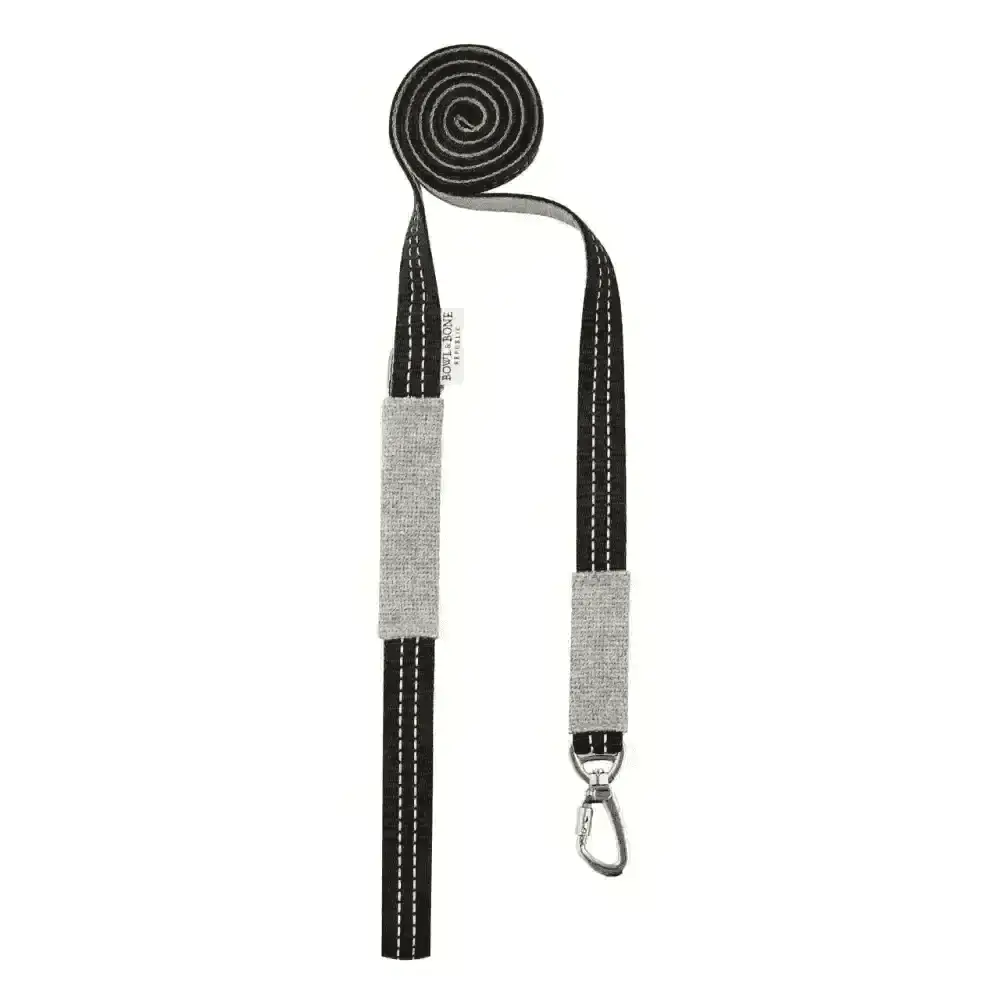 Beige and black Soho Poms dog lead with silver hardware from Bowl & Bone Republic