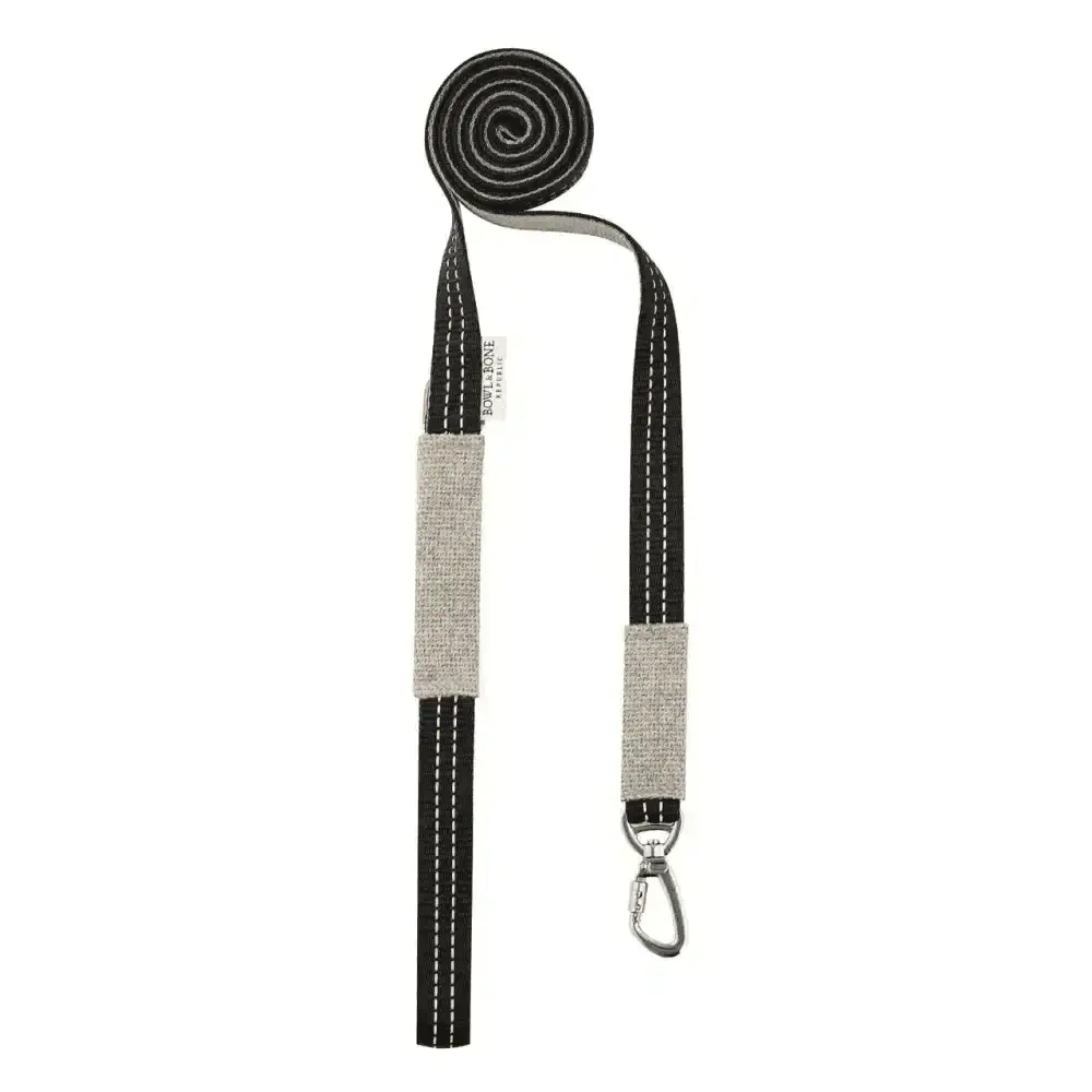 Beige and black Soho Poms dog lead with silver hardware from Bowl & Bone Republic