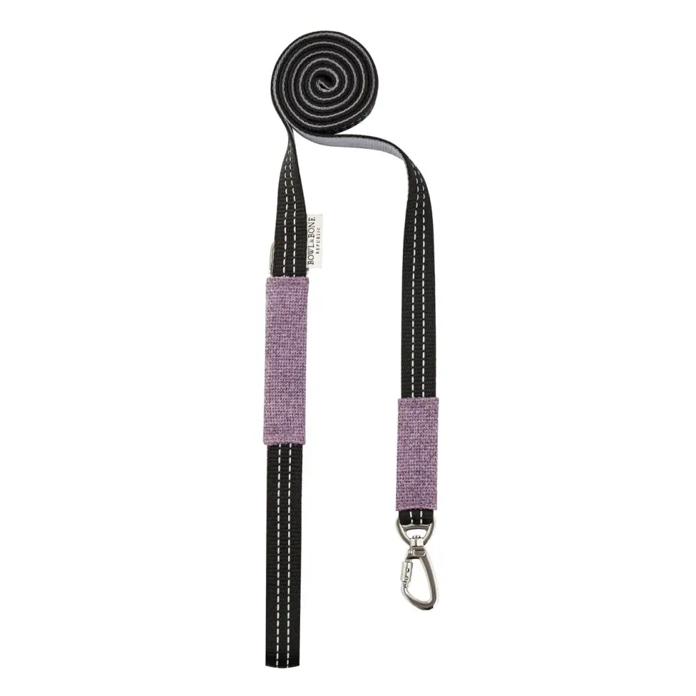 Lavender and black woven fabric dog lead with metal hardware from Soho Poms and Bowl & Bone Republic