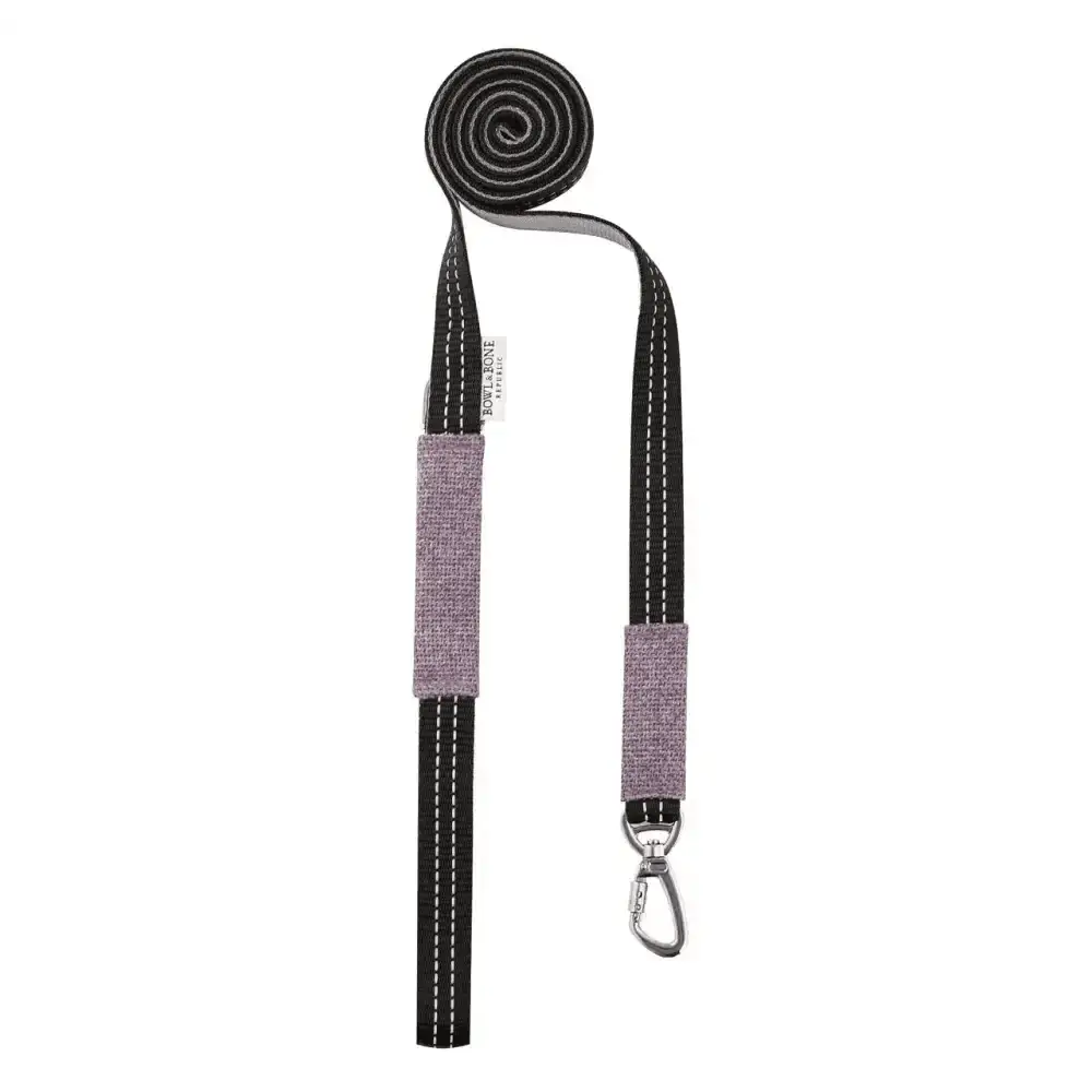 Lavender and black woven fabric dog lead with metal hardware from Soho Poms and Bowl & Bone Republic