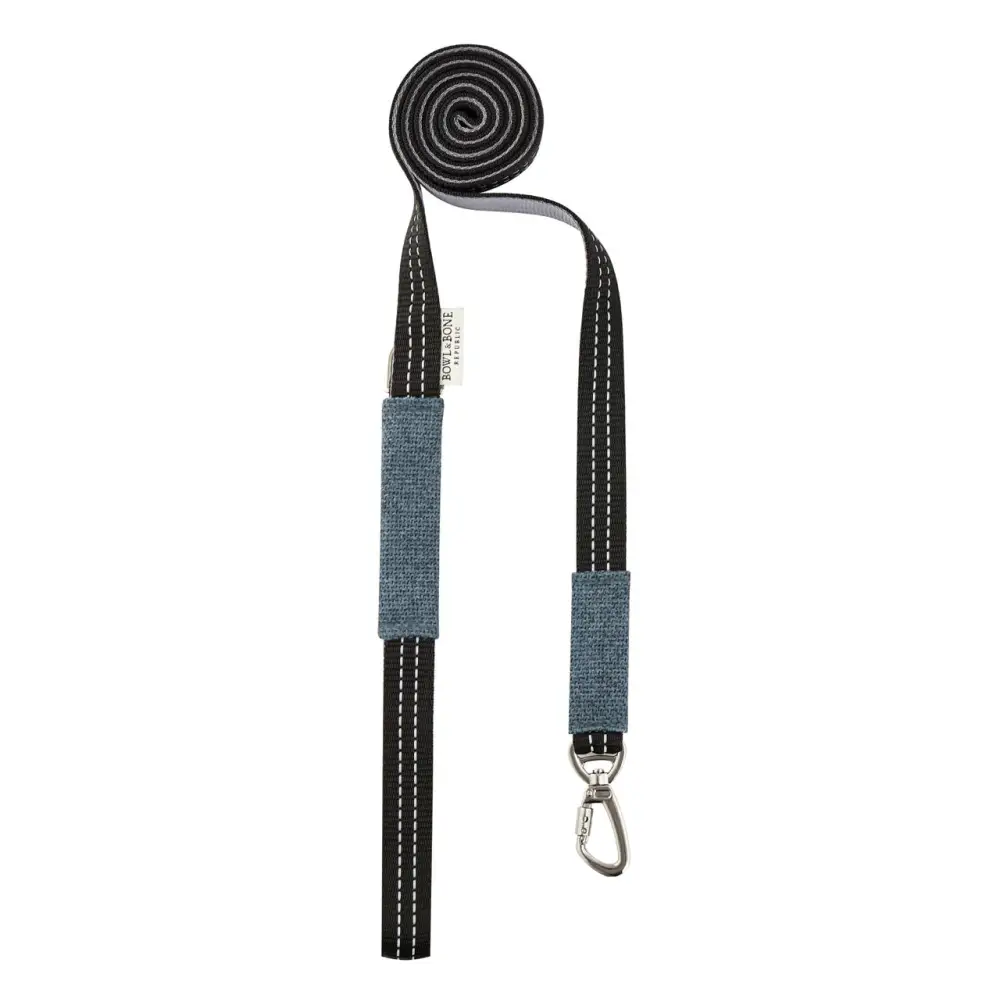 Black and gray Soho Poms dog lead with white stitching from Bowl & Bone Republic