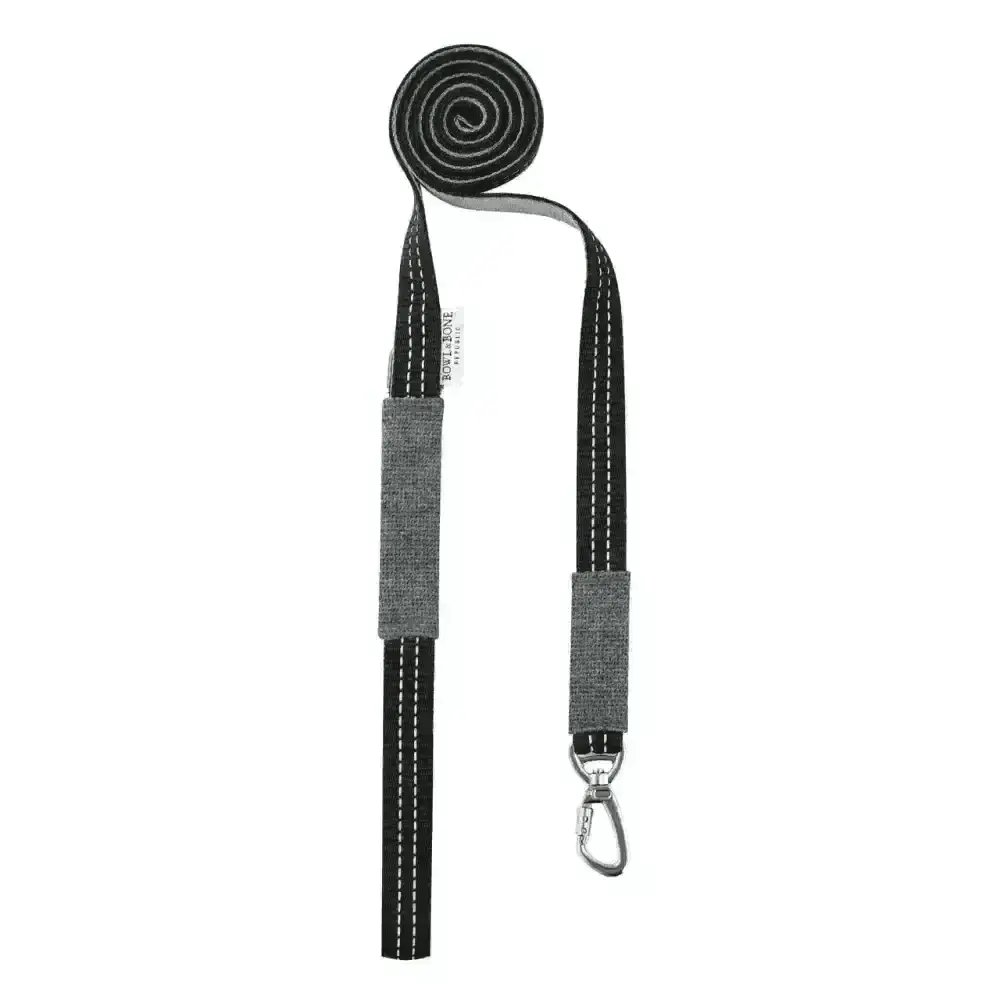 Black and gray Soho Poms dog lead with white stitching from Bowl & Bone Republic