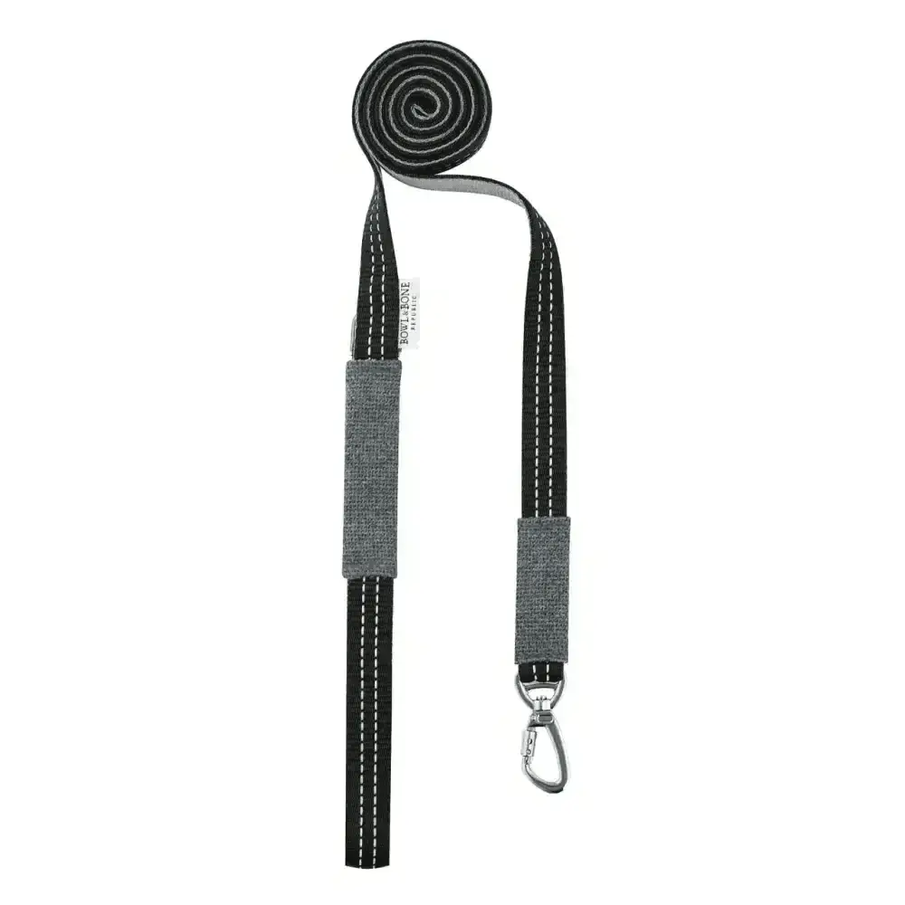 Black and gray Soho Poms dog lead with white stitching from Bowl & Bone Republic