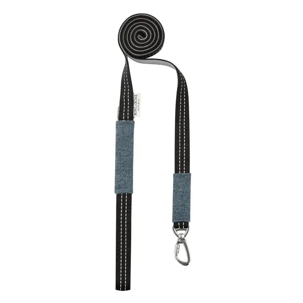 Black and gray Soho Poms dog lead with white stitching from Bowl & Bone Republic