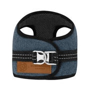 Blue denim Soho Poms x Bowl & Bone Republic Mayfair harness with black mesh and silver buckle