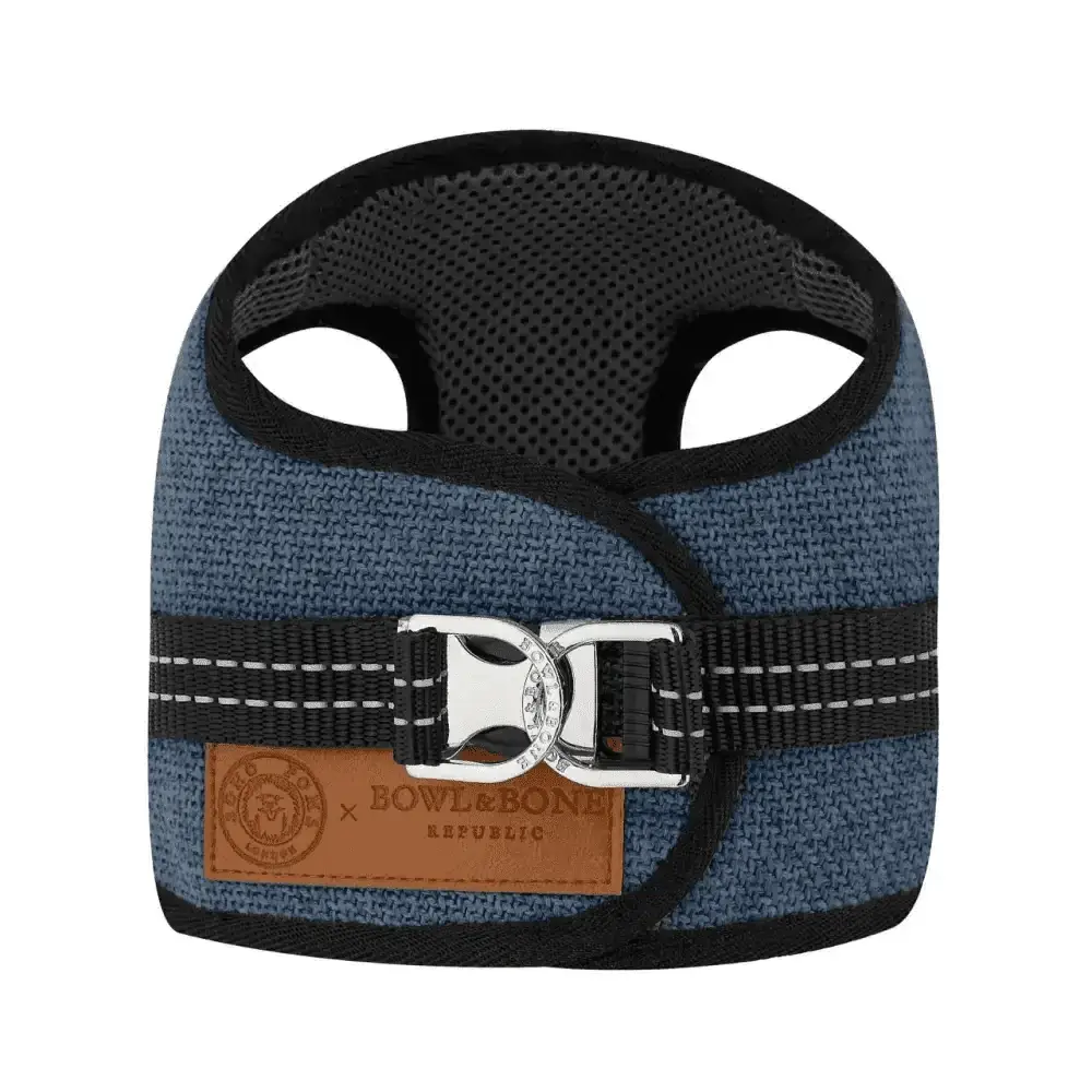 Blue denim Soho Poms x Bowl & Bone Republic Mayfair harness with black mesh and silver buckle