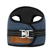 Blue denim Soho Poms x Bowl & Bone Republic Mayfair harness with black mesh and silver buckle
