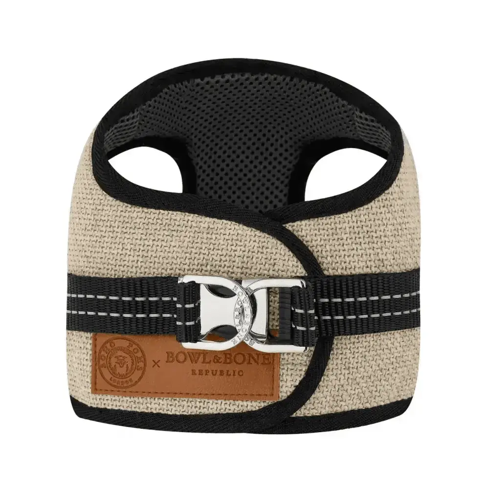 Beige and black Soho Poms x Bowl & Bone Republic Mayfair harness with mesh padding and bow logo