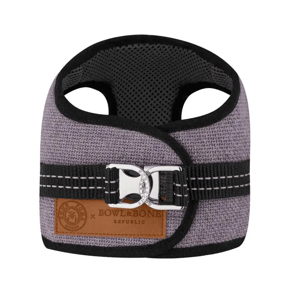 Lavender Soho Poms x Bowl & Bone Republic Mayfair Harness with black mesh and silver hardware