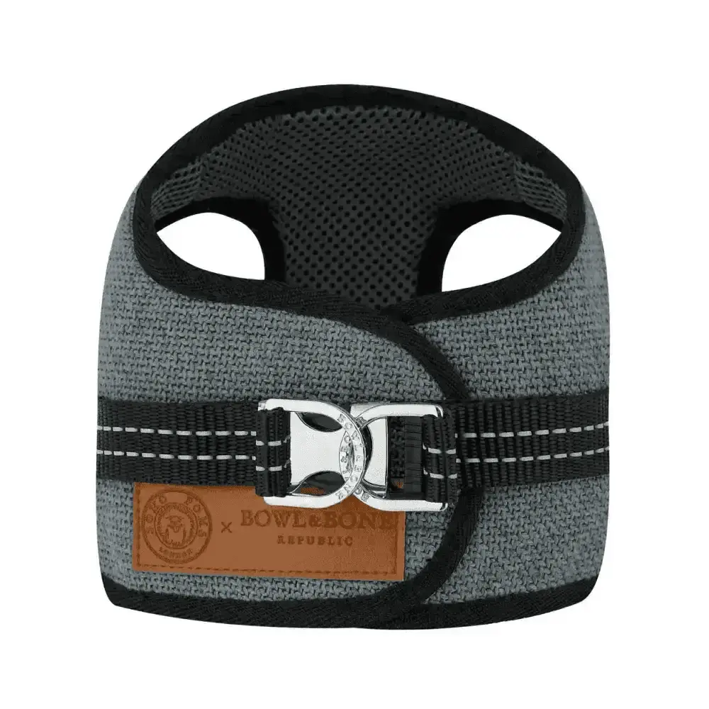 Gray and black Soho Poms x Bowl & Bone Republic Mayfair Harness with silver buckle