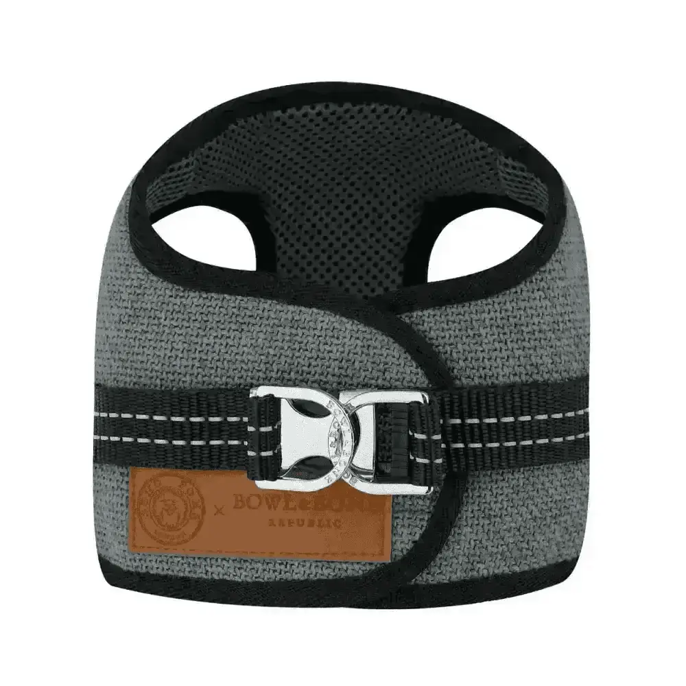 Gray and black Soho Poms x Bowl & Bone Republic Mayfair Harness with silver buckle