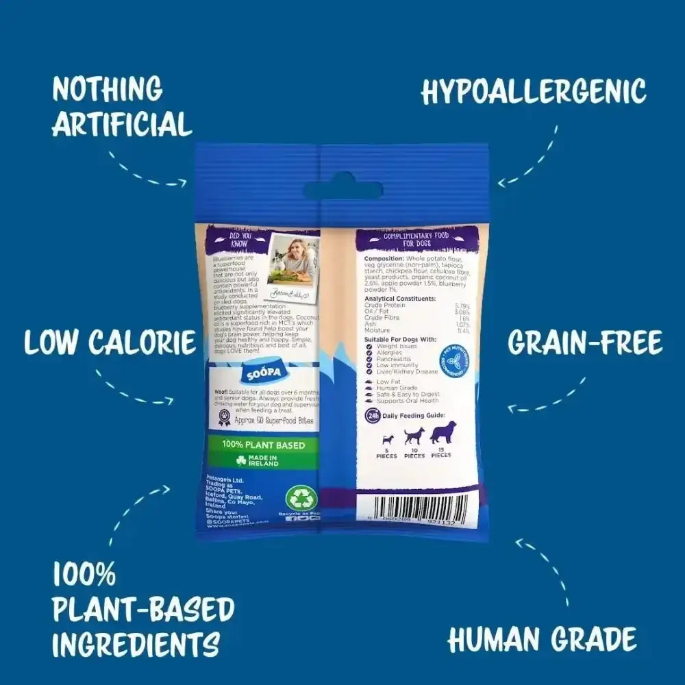 100% plant-based Soopa Apple & Blueberry Bites in blue and white packaging for healthy bites