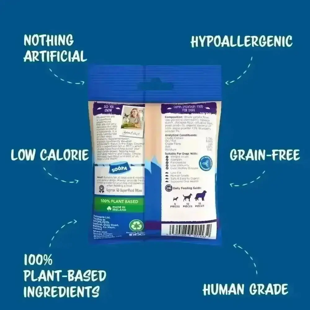100% plant-based Soopa Apple & Blueberry Bites in blue and white packaging for healthy bites