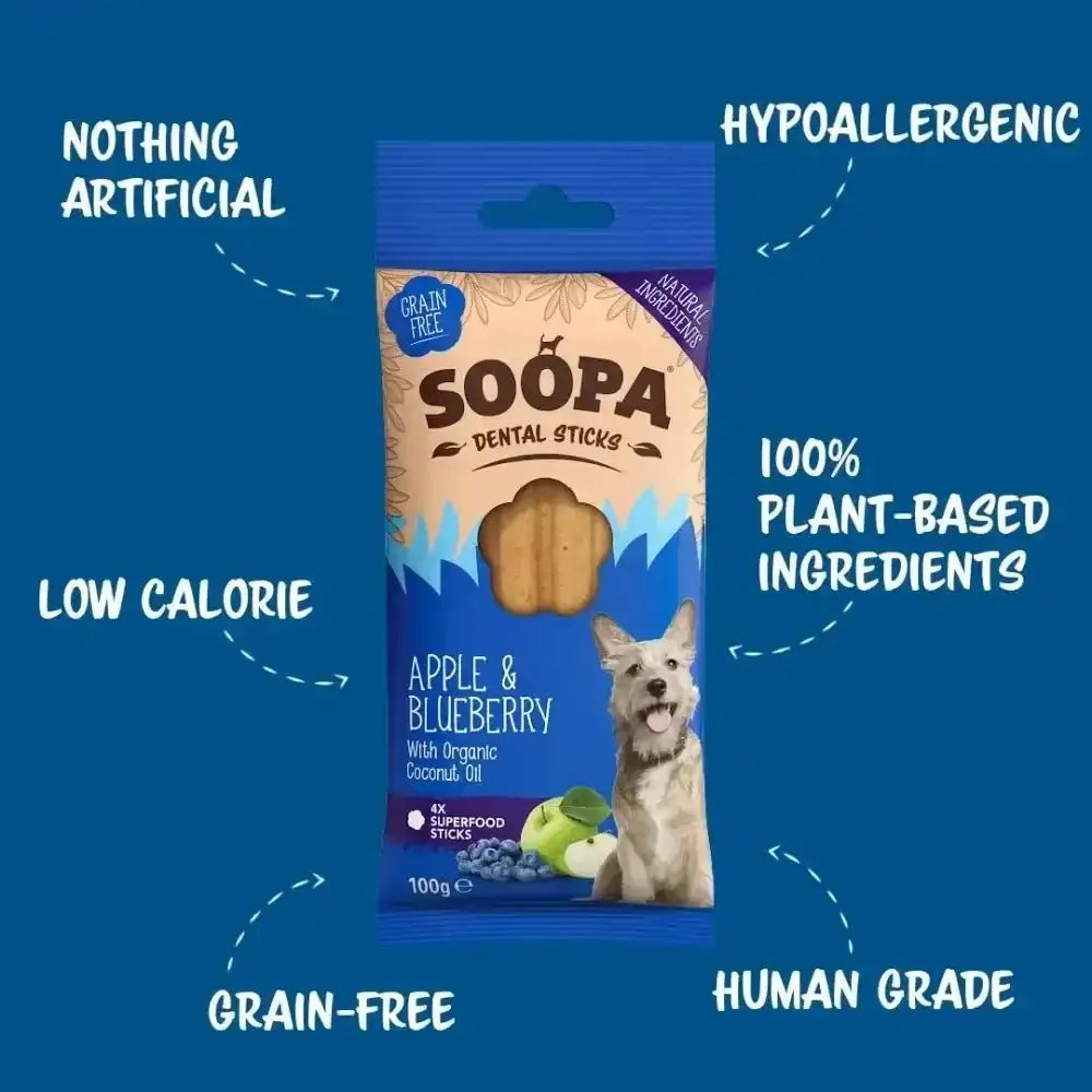 Soopa Apple & Blueberry Dental Sticks for dogs, hypoallergenic, grain-free dental treats