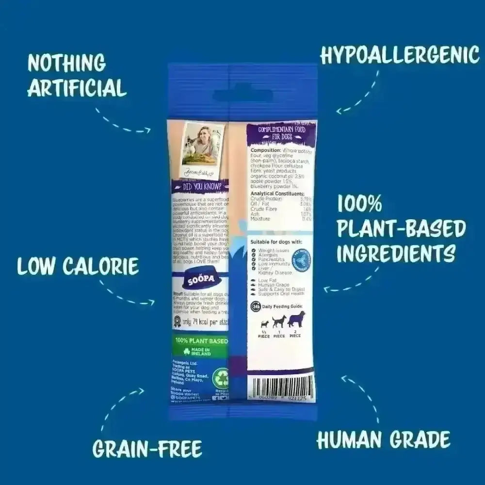Human-grade plant-based Soopa Apple & Blueberry Dental Sticks packaging with blue background
