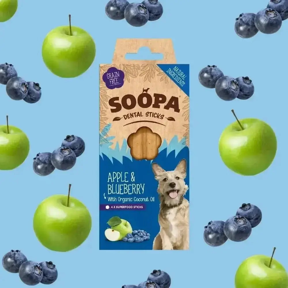 Soopa Apple and Blueberry Dental Sticks with organic coconut oil for natural pet dental care