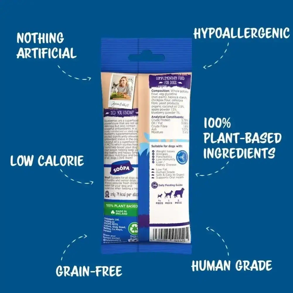 Human-grade plant-based Soopa Apple & Blueberry Dental Sticks packaging with blue background