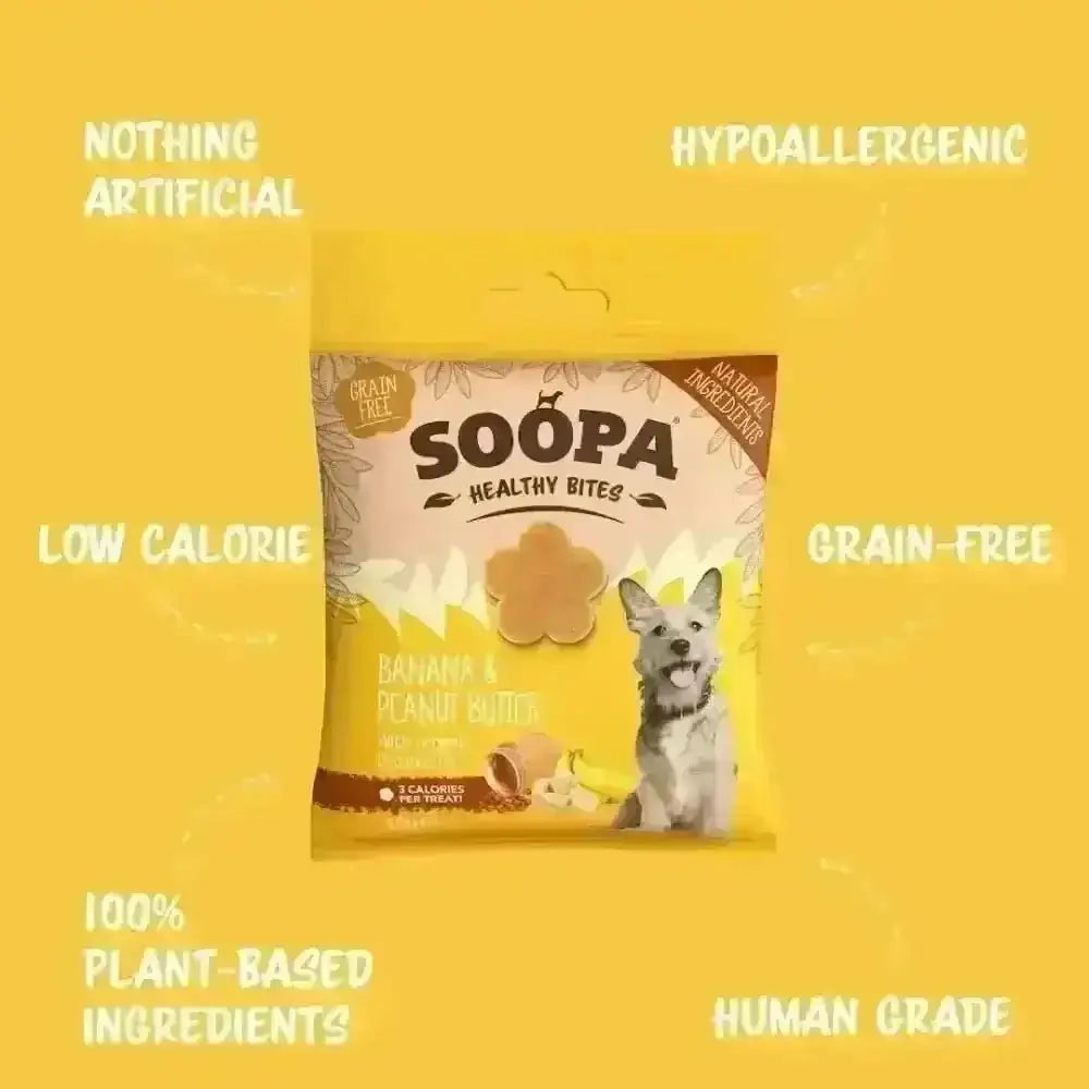 Soopa Banana and Peanut Butter Bites dog treat bag with Soopa branding, human grade and peanut butter