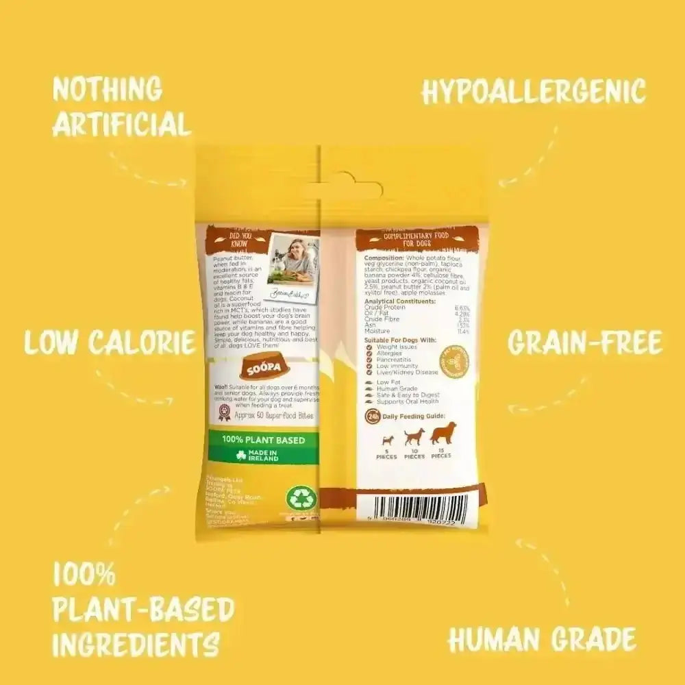 Plant-based dog treat bag with hypoallergenic grain-free ingredients and peanut butter flavor