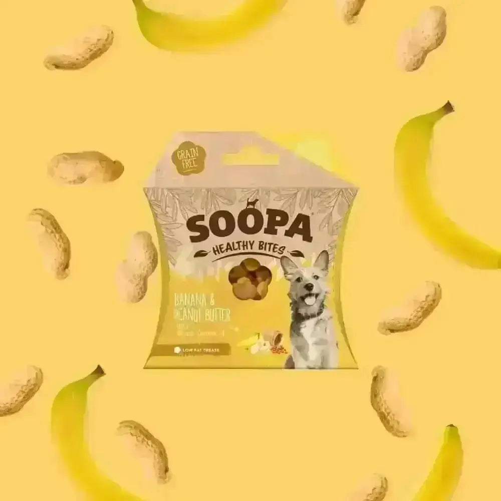Soopa Banana and Peanut Butter Bites dog treat bag with human grade peanut butter branding