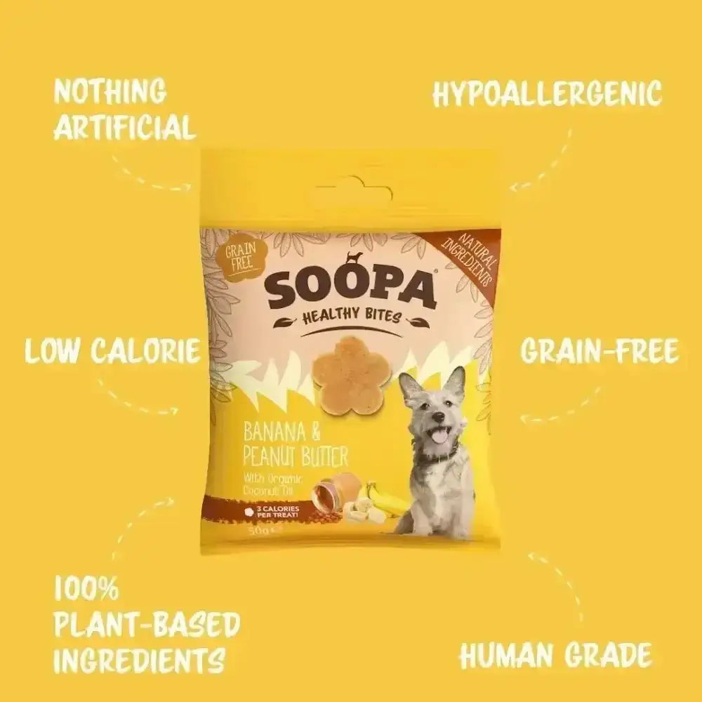 Soopa Banana and Peanut Butter Bites dog treat bag with Soopa branding, human grade and peanut butter